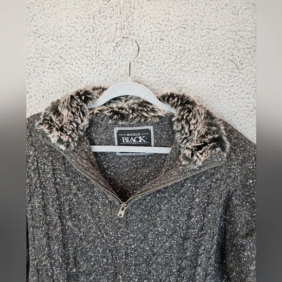 Buckle Black Mens Pull Over Faux Fur With Zip Textured Speckles Sweater Sz XL - Picture 5 of 14
